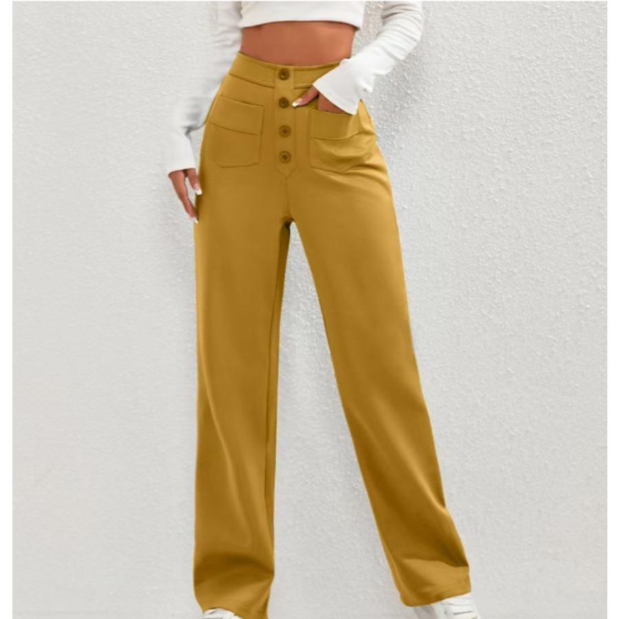 Fashionable Women's Casual Straight Leg Pants with High Waist Button Elastic Band Multiple Pockets Trousers Women’s