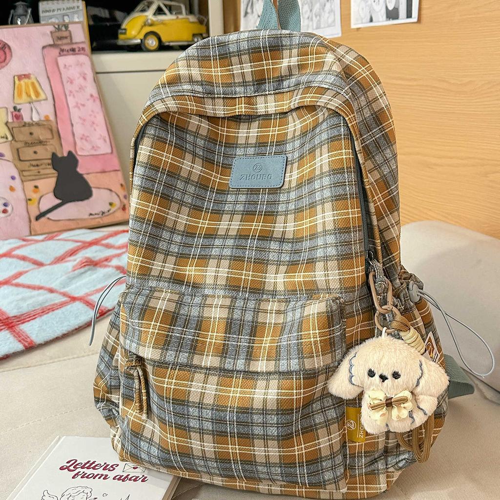 Schoolbag Vintage Versatile Plaid School Bag Junior High School Large Capacity College Student Class Commuter Backpack Travel Lightweight