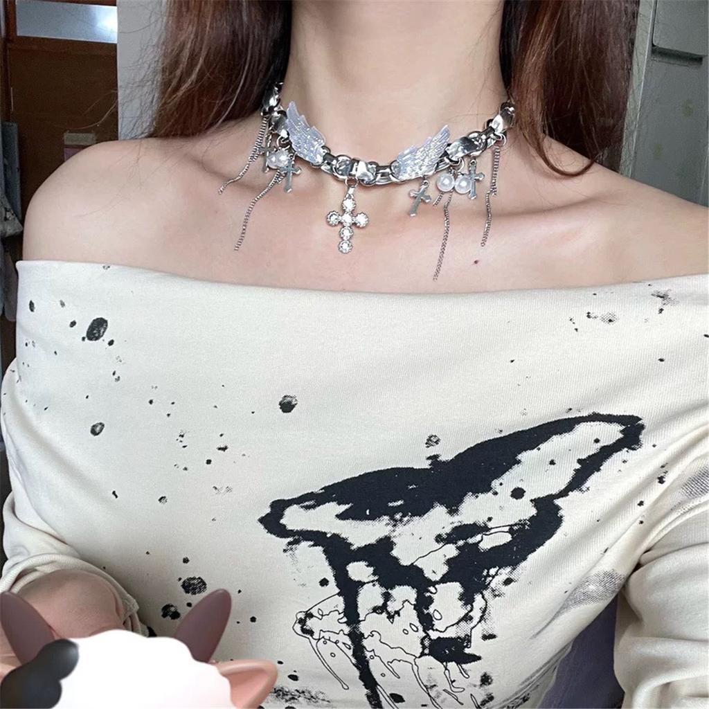 Tooxika Dulce Cool Hottie Aripi de Înger Cruce Colier Nișă Lux Ușor Modă Choker Lanț Osul Gâtului