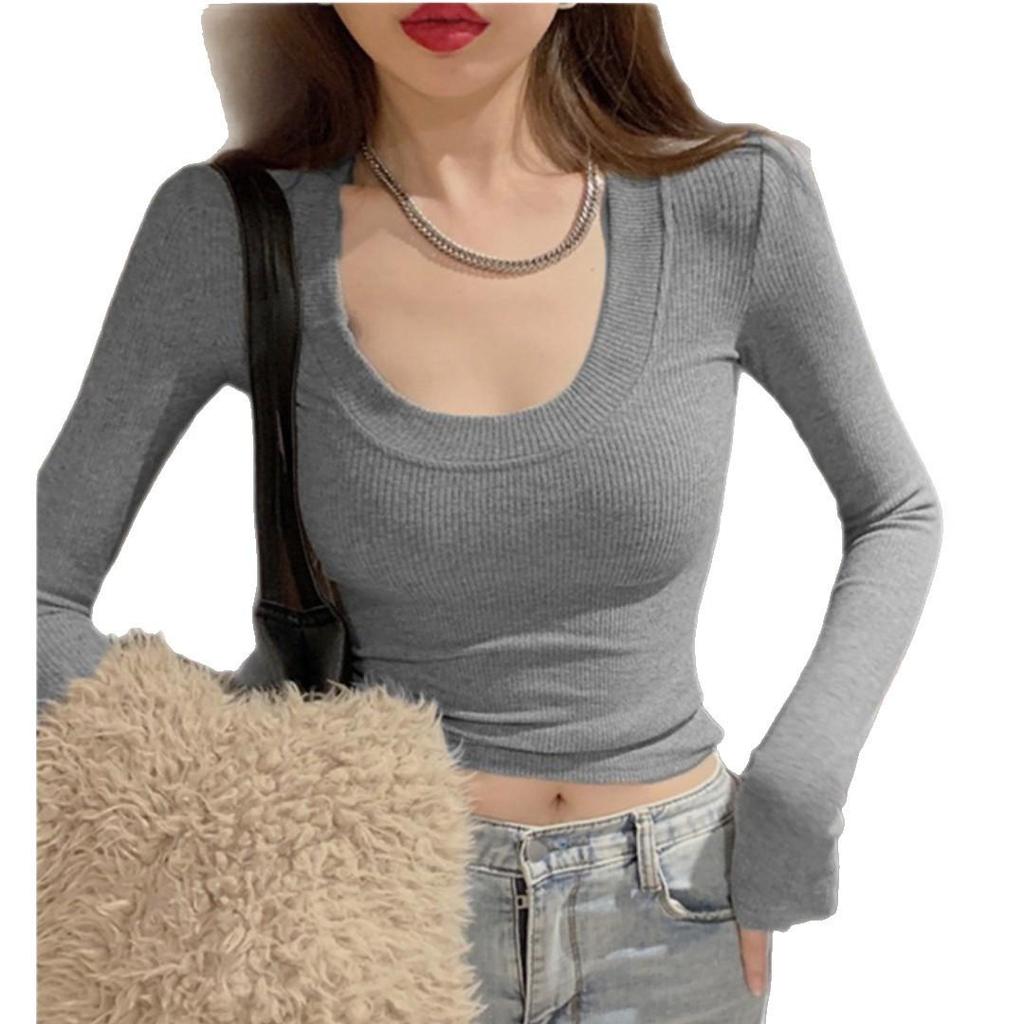 Women's Slim Fit Ribbed U-Neck Long-Sleeve Tee - New Autumn/Winter Korean Style