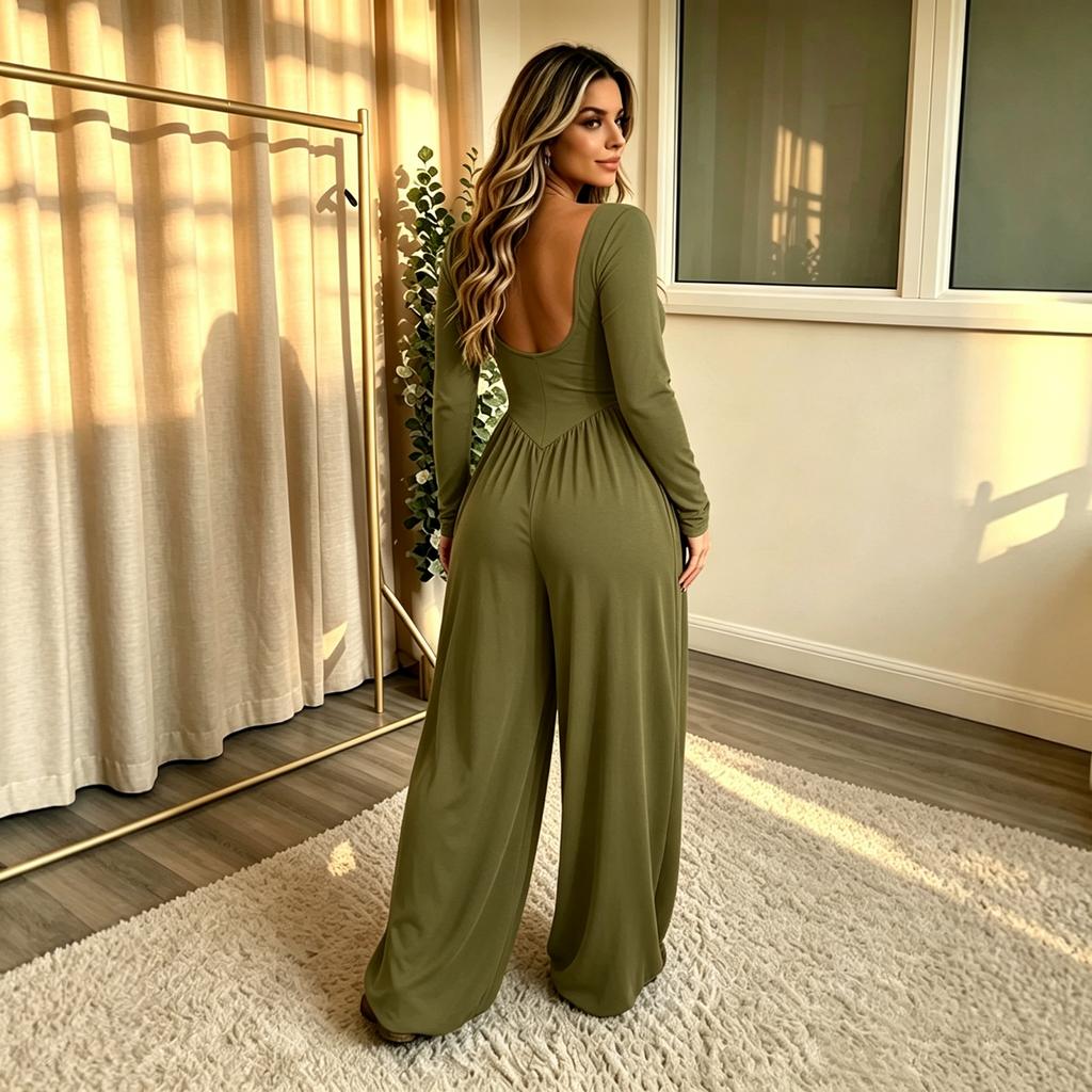 Women's Color Backless Long Sleeve Wide Leg Jumpsuit