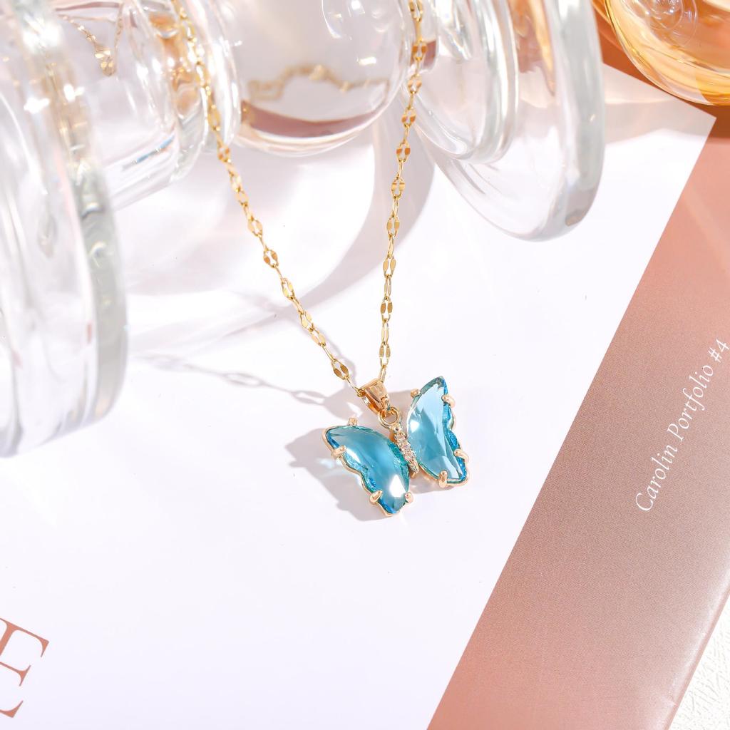 Iridescent Gradient Butterfly Necklace with Zirconia Rhinestones - Titanium Steel Clavicle Chain Pendant.