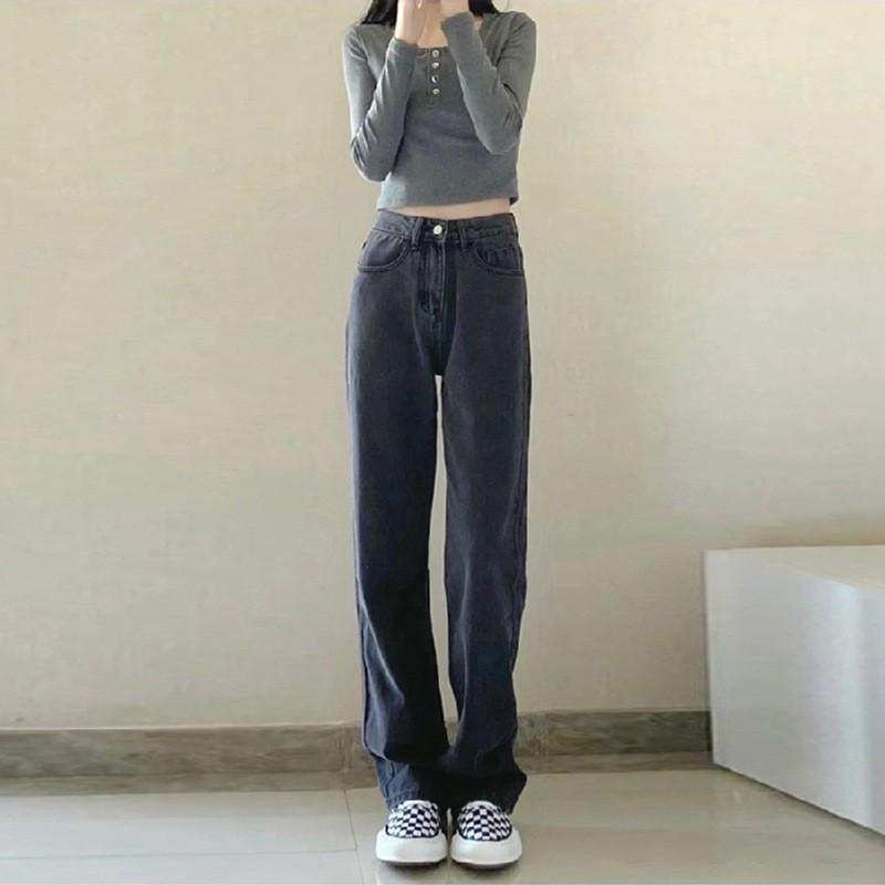 Black high-waisted straight jeans women's spring clothes new thin small drape wide legs mopping long pants