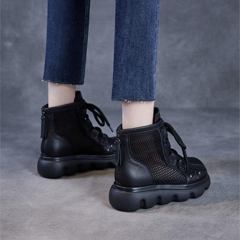 Johnature Genuine Leather Hollow-out Short Boots Mesh Breathable Thick Soled Women's Shoes