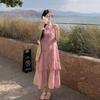 Pink three-dimensional flower sleeveless vest dress Sanya seaside vacation long dress temperament fake two-piece skirt women's summer