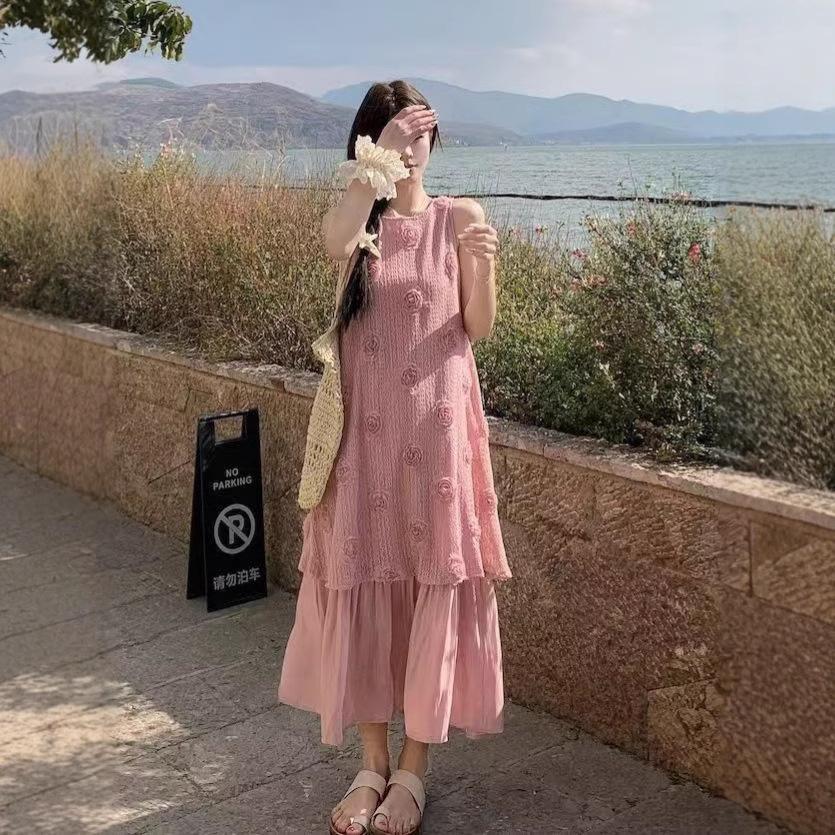 Pink three-dimensional flower sleeveless vest dress Sanya seaside vacation long dress temperament fake two-piece skirt women's summer