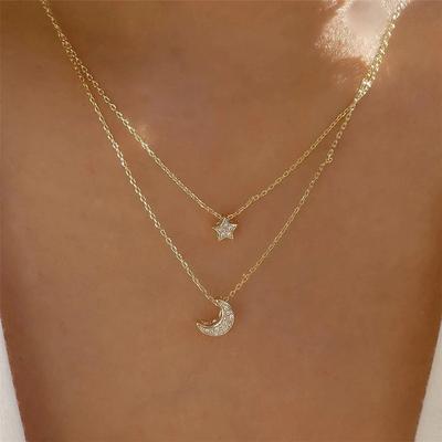 New, Full Diamond Moon Five-pointed Star Pendant Necklace Creative Retro Temperament Multi-layer Collarbone Chain Woman