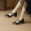 Fashion Women's new cowhide color blocked metal accessory pearl belt buckle square toe mid heel plus size Mary Jane single shoe