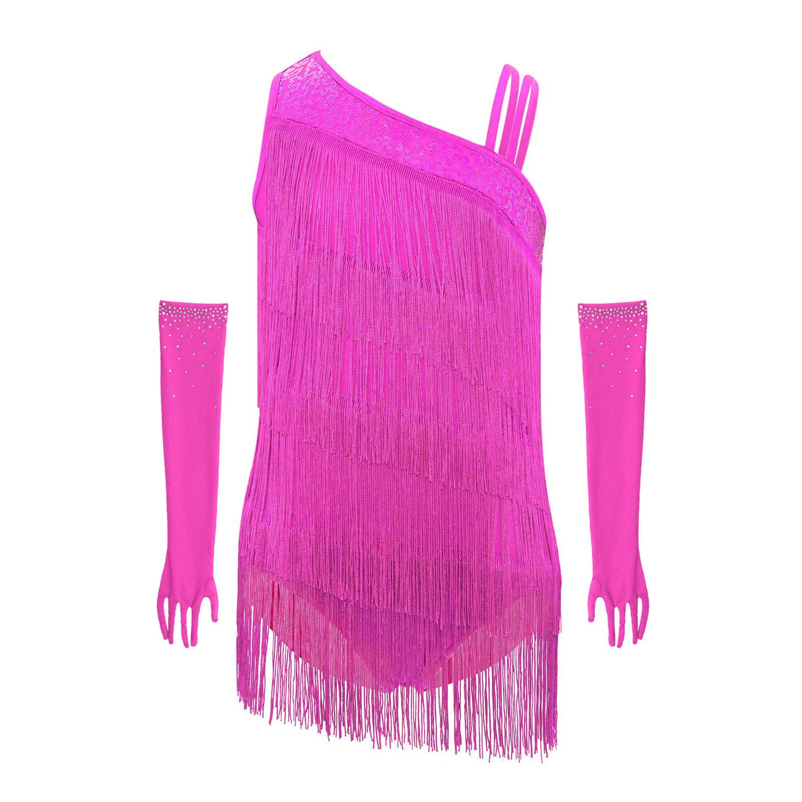 

Костюм для латиноамериканських танців для дівчаток, без рукавів, ярусні китиці, асиметричний, леотар з паєтками, стрази, сітчасті рукавички, набір 5-6 Years гарячі рожевого кольору
