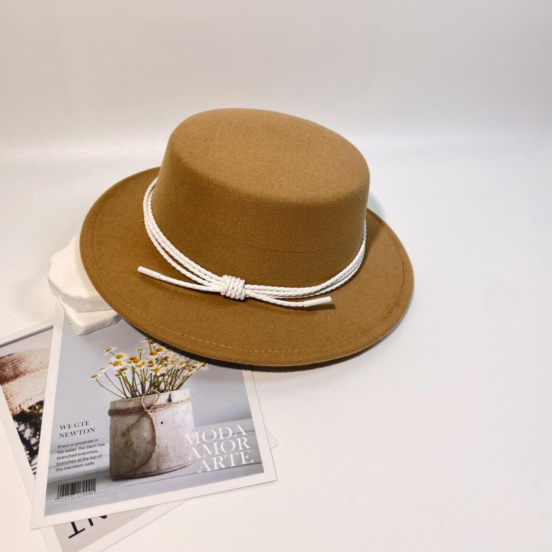New Leather Rope Flat-top Woolen Top Hat Women's Autumn and Winter Temperament Elegant and Fashionable Versatile Flat-brimmed Felt Hat Men's Stage