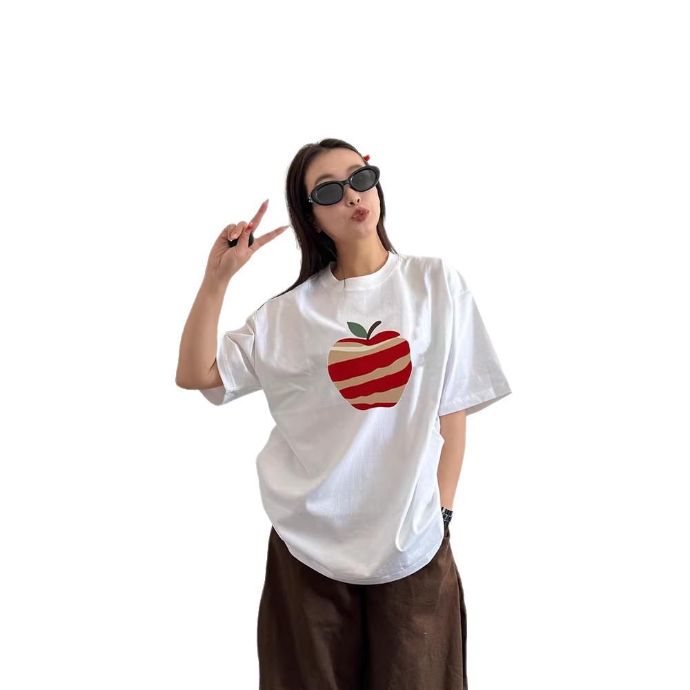 Women's Loose-Fit Pure Cotton Apple Print T-shirt: Short Sleeve, Summer Style