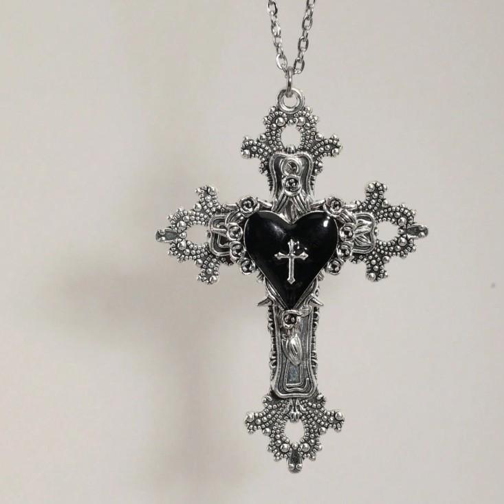 

Gothic Personality Black Drip Glaze Heart-shaped Rose Flower Cross Pendant Necklace for Men Women Halloween Party Y2K Jewelry