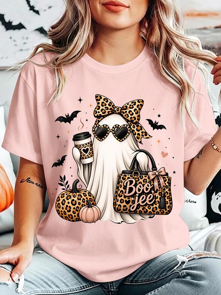 Leopard Boo Jee Ghost Unisexs T Shirt Halloween Coffee Pumpkin Bow Graphic Tee Short Sleeve Casual Holiday Party Ladies Tops