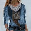 Women Casual Tops Cross V-Neck Buttons Printing Long Sleeve Sweaters Blouse