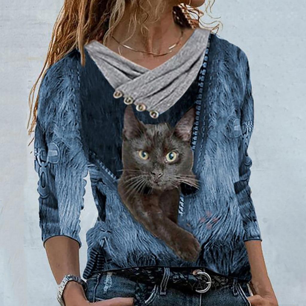 Women Casual Tops Cross V-Neck Buttons Printing Long Sleeve Sweaters Blouse