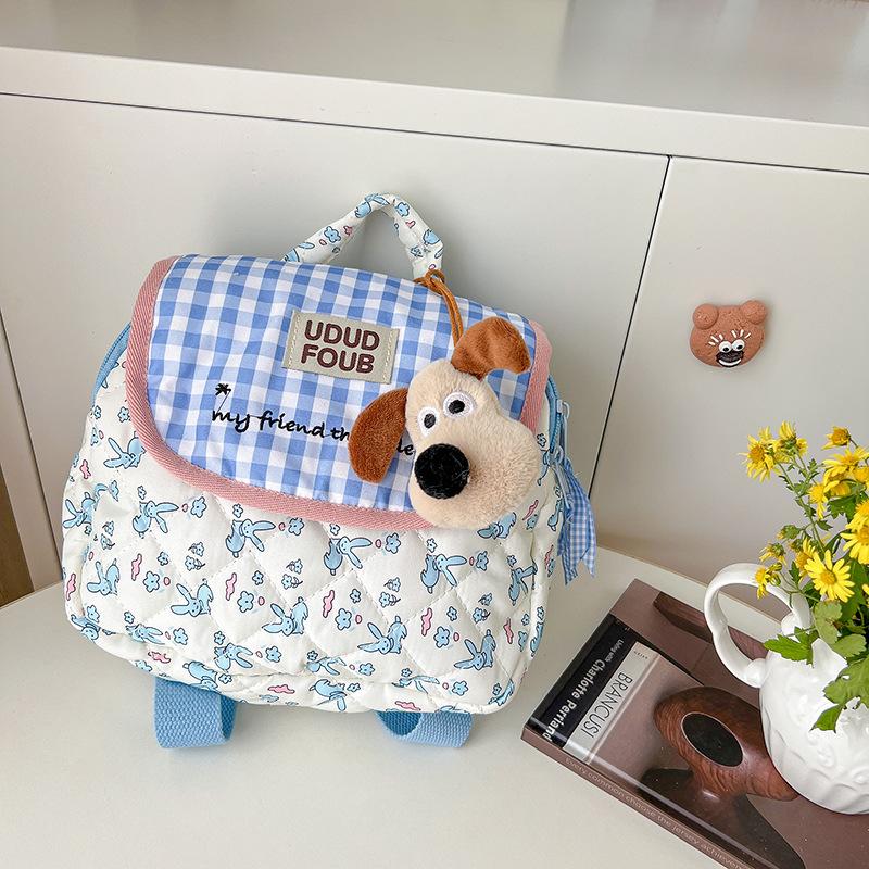 

Cute Little Dog Checkered Boy-girl Embroidery Thread Small Backpack for Parents and Children s Baby Bag small синій