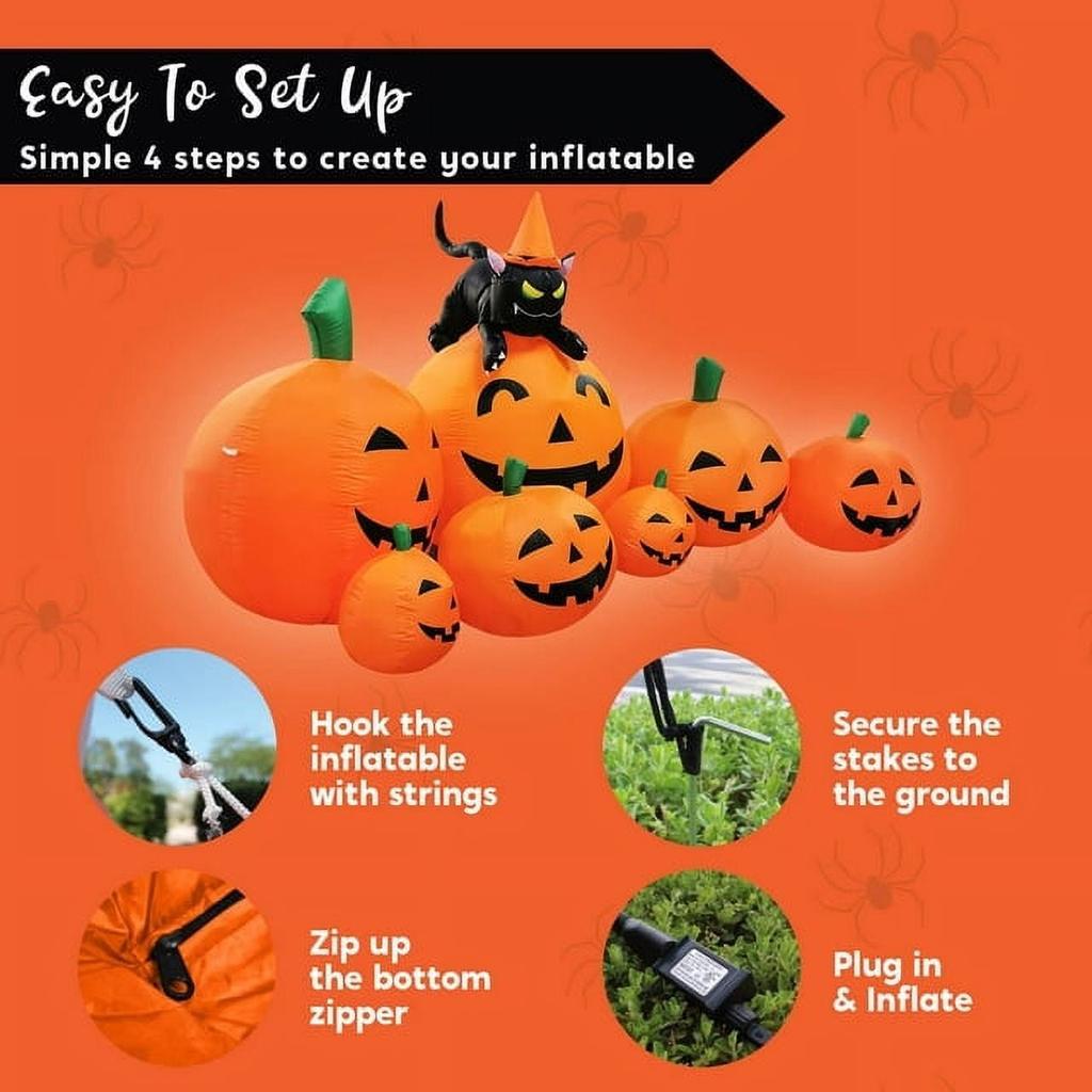 7 Ft Spooky Holiday Inflatable Extended Pumpkin Featuring Witch's Cat Decorations Inflatables Featuring Build-in LEDs Spooky Holiday Decor