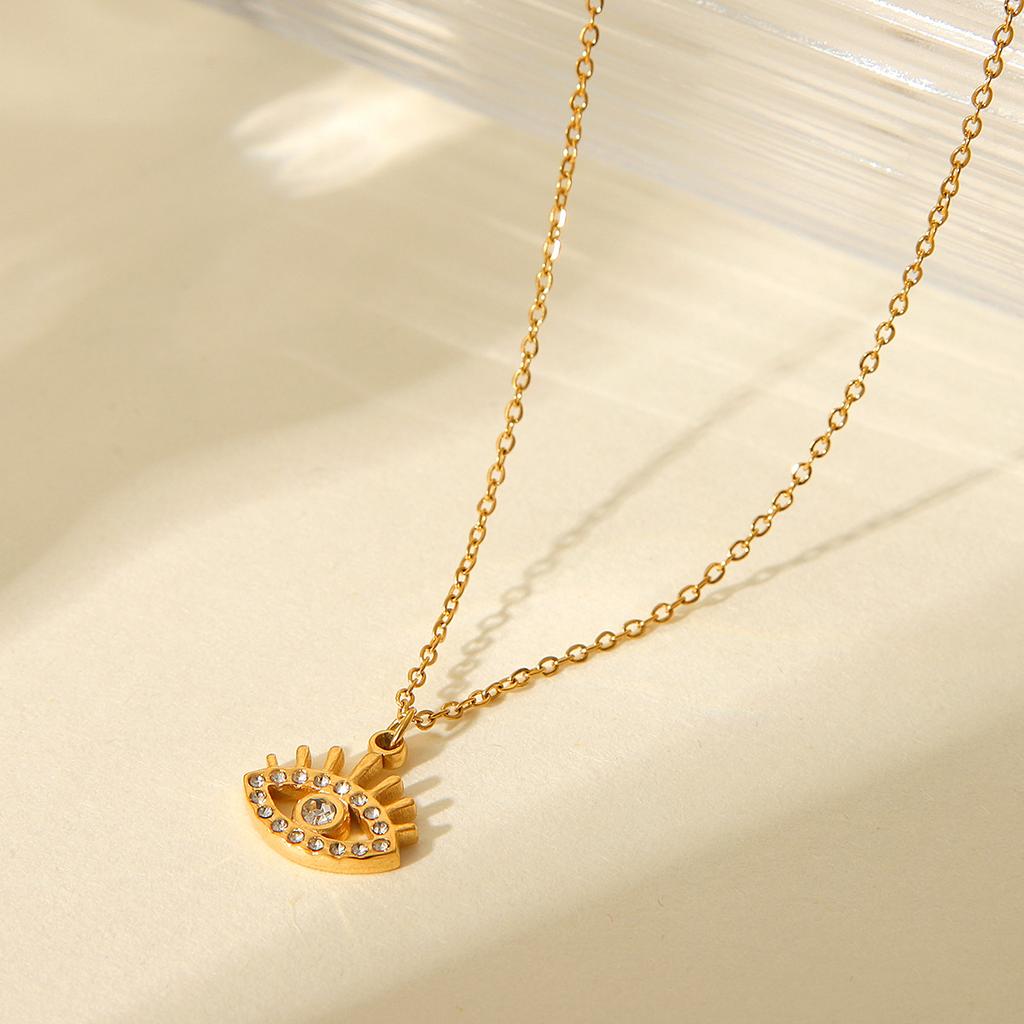 Titanium Steel Gold Plated Diamond Evil Eye Pendant Necklace Fashion Choker Jewelry