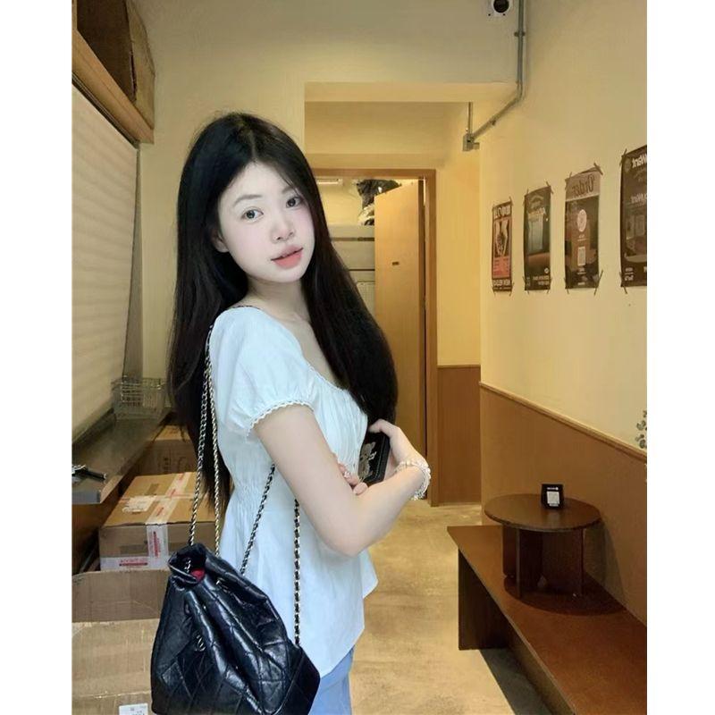 Women's White Square Neck Blouse Short Puff Sleeve Ruffled Trim Button Front Slim Fit Peplum Hem Casual Daily Fashion Top
