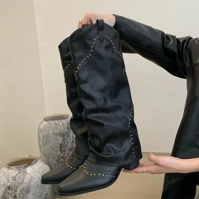 Woman Cowgirl Boots Fashion Slip On Ladies Elegant Square Heel Long Pipe Boots Shoes Retro Winter Footwear