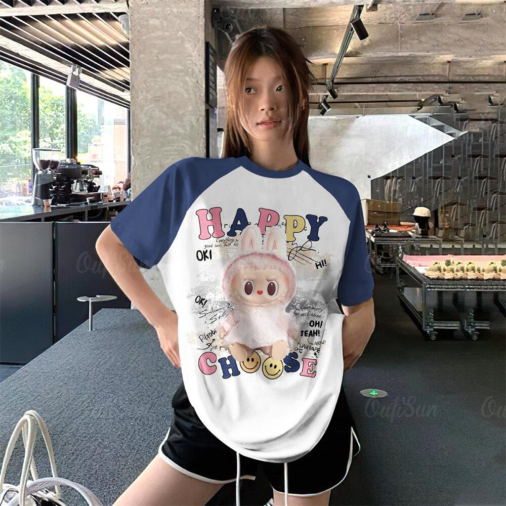 Labubu Women's T-shirt 2025 New Fashionable and Versatile Cartoon Printed Round Neck Short Sleeve Casual Summer Style Women's Top