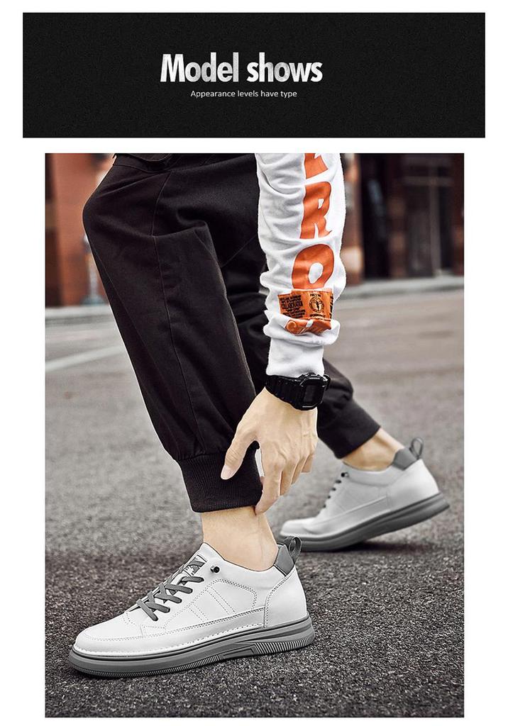 Men's Height-Increasing Platform Sneakers - Thick Sole, Cowhide White, Low-Top, Casual Sports Shoes for Spring