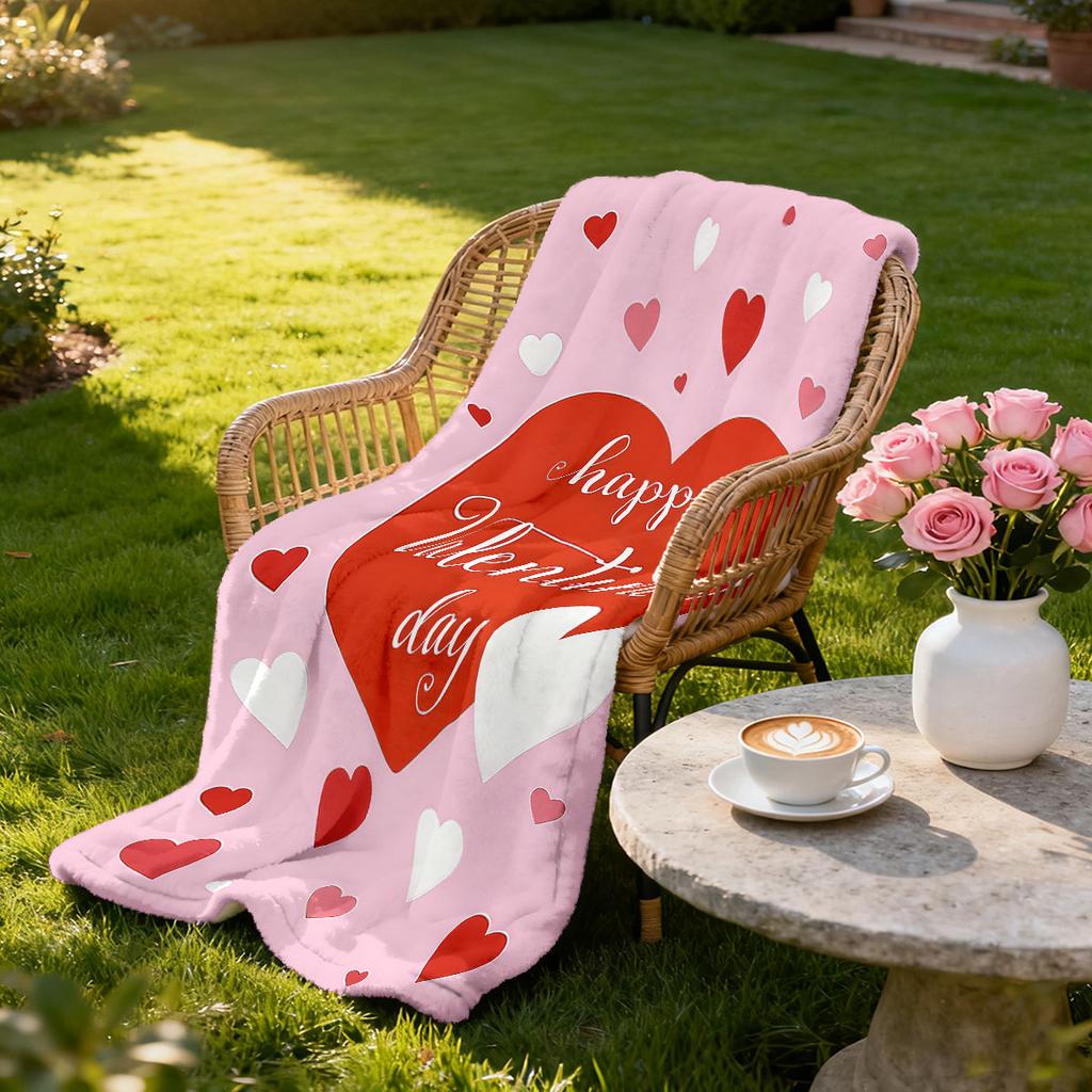 1 Stück Valentinstag Rosa Liebesdruck Flanelldecke Mehrere Größen Sofa Nickerchen Freizeitdecke Weich und Bequem Maschinenwaschbar