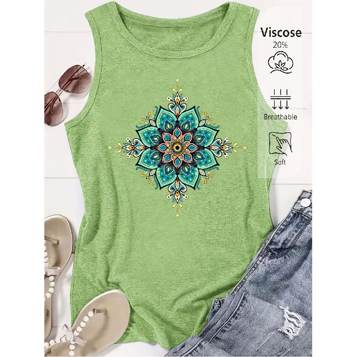 2026 New Creative Beautiful Mandala Geometric Print Round Neck Women Sleeveless Vest Versatile Comfortable Casual Summer Tank Top