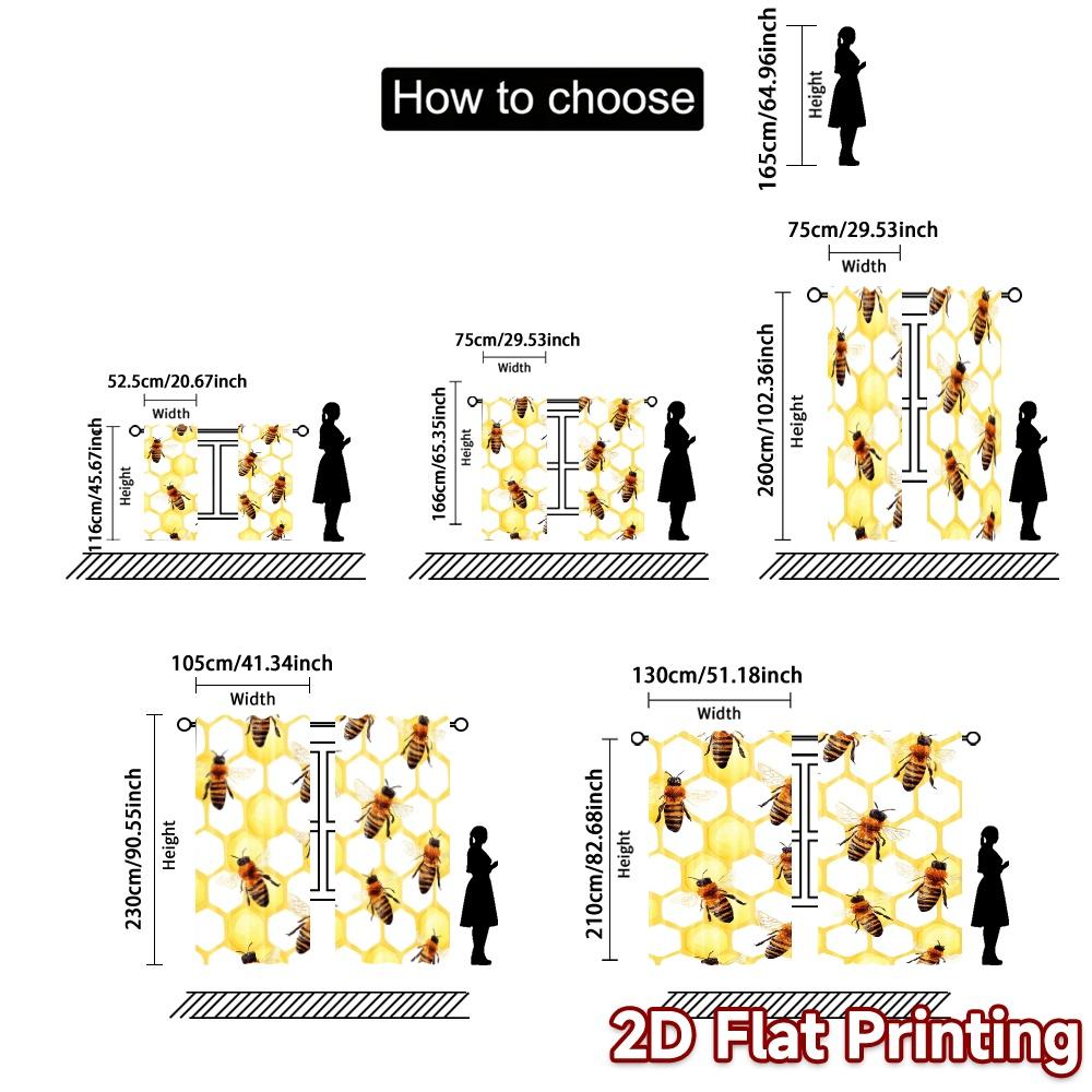 2pcs, 2D FLAT PRINTING Curtains (Without Rod) BeeHivePattern Popular Minimalist Curtains Polyester Easy Install Curtains