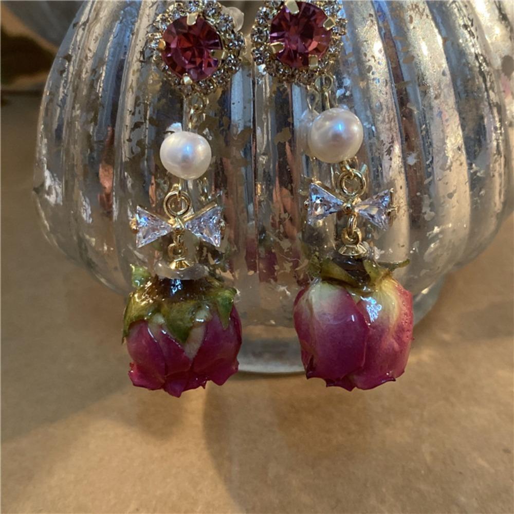 Rose Dried Flower Pendant Earrings Vintage Real Flower Earrings  Bridal Gown Earrings