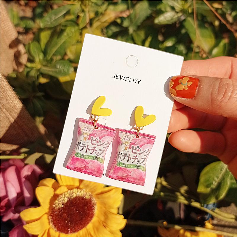 Shokugan Series Japanese Potato Chip Earrings - 925 Silver Cartoon Puffed Snacks for Women.