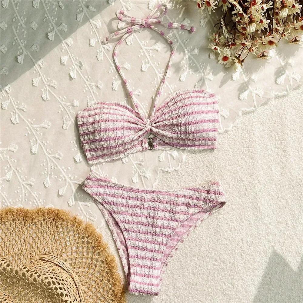 

Striped Print String Halter Bandeau Bikinis Sets 2026 Sexy Swimsuit Women Ruched Swimwear Bathing Suit Brazilian Bikini Mujer S розовый