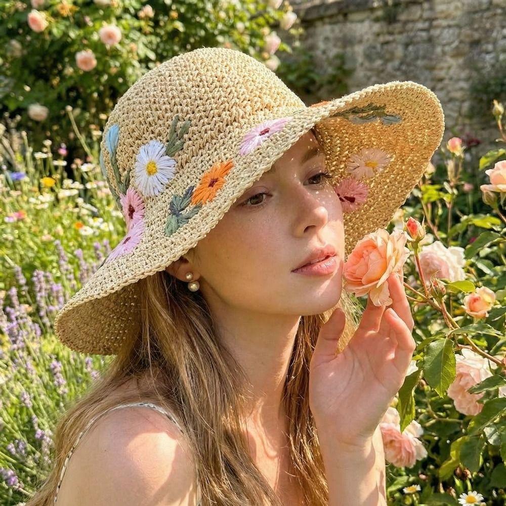 Embroidered Flower Flower Straw Hat Boho UV Protection Cap Sweet Women's Sun Hats  Travel