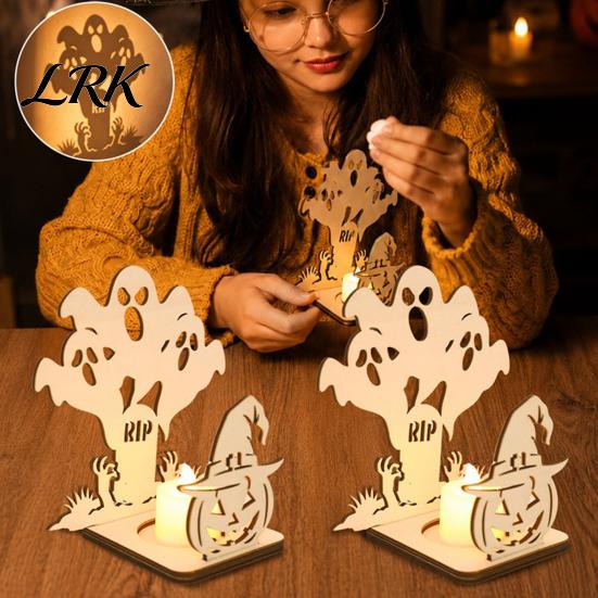Halloween Candle Holder Holder, Spooky Pumpkin Bat Shadow Tealight Handcrafted Wood Base Vintage Wooden Candlestick Ornament for Party Home
