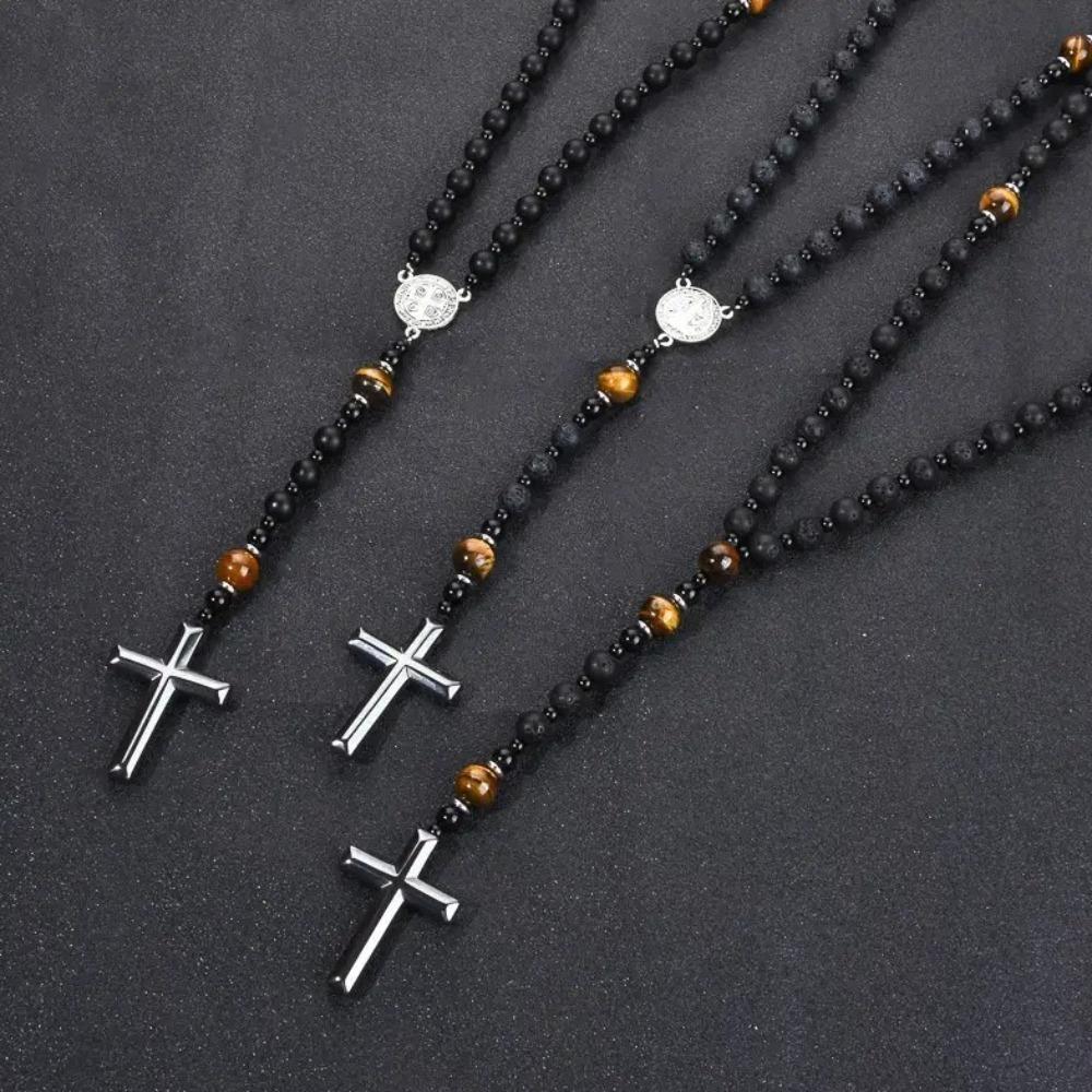 Women Men Tiger-eye Beads Necklace Cross Pendant Rosary Neck Jewelry Decoration