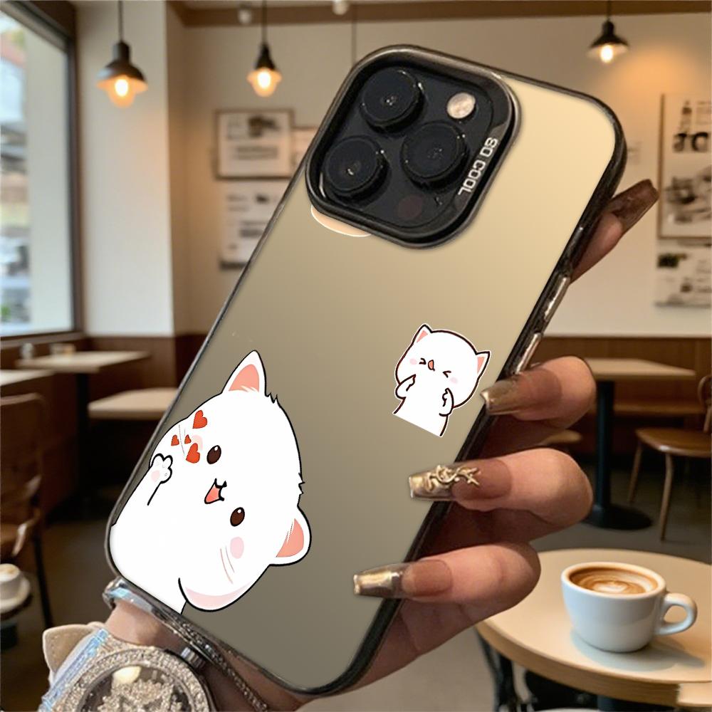 Cute White Cat Cartoons Phone Case for Iphone 16 15 14 13 12 11 Pro Max/Mini Shockproof Anti-Scratch Premium Hard Cover