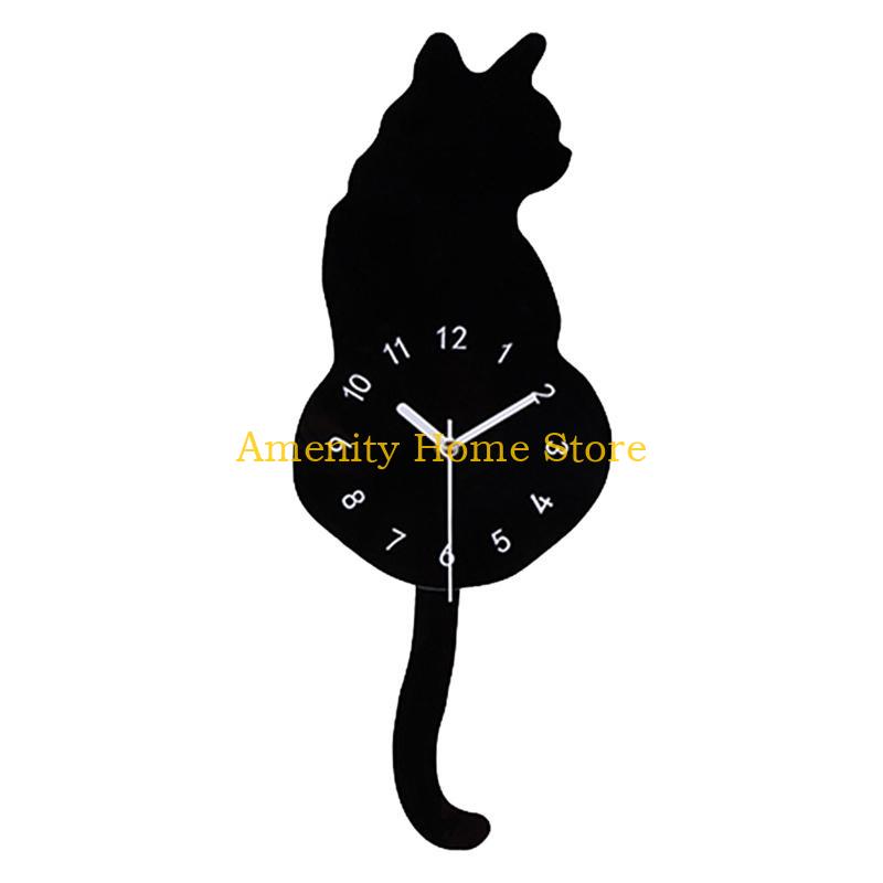 

F26C Non Ticking for Cat Wall Clock with Swinging Tail for Kitchen Living Room Bathro