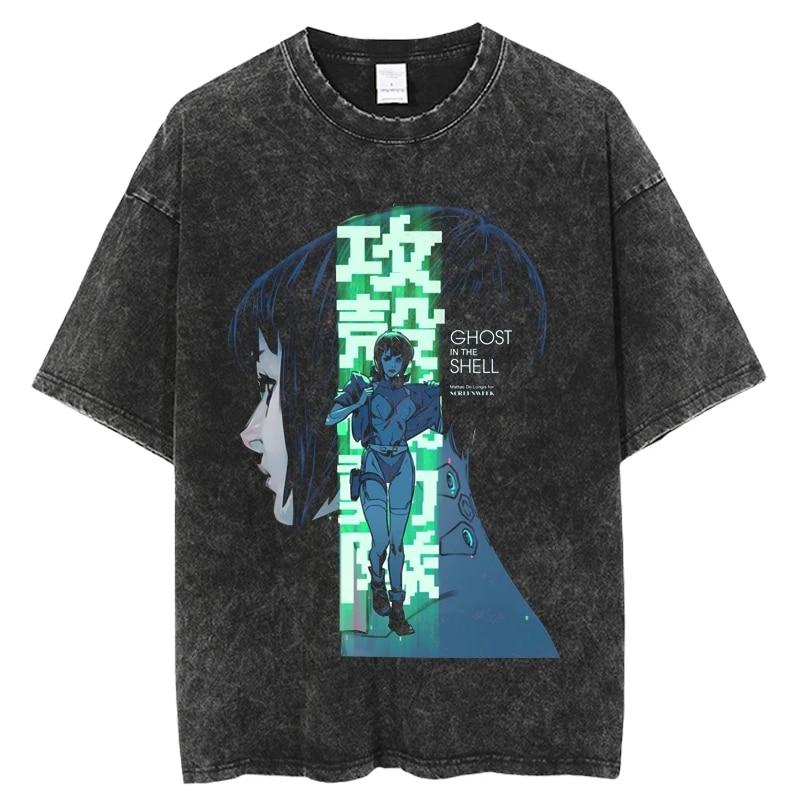 Modisches Ghost in the Shell Anime-T-Shirt mit verwaschenem O-Ausschnitt und kurzen Ärmeln für Damen, Schwarz, übergroß, lässig, Hip-Hop-Top