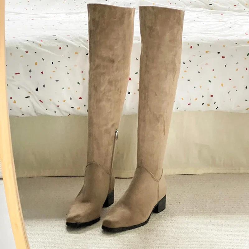 Vintage Stretch Women Knee High Boots Fashion Pleated Long Booties Ladies Casual Low Heel Shoes