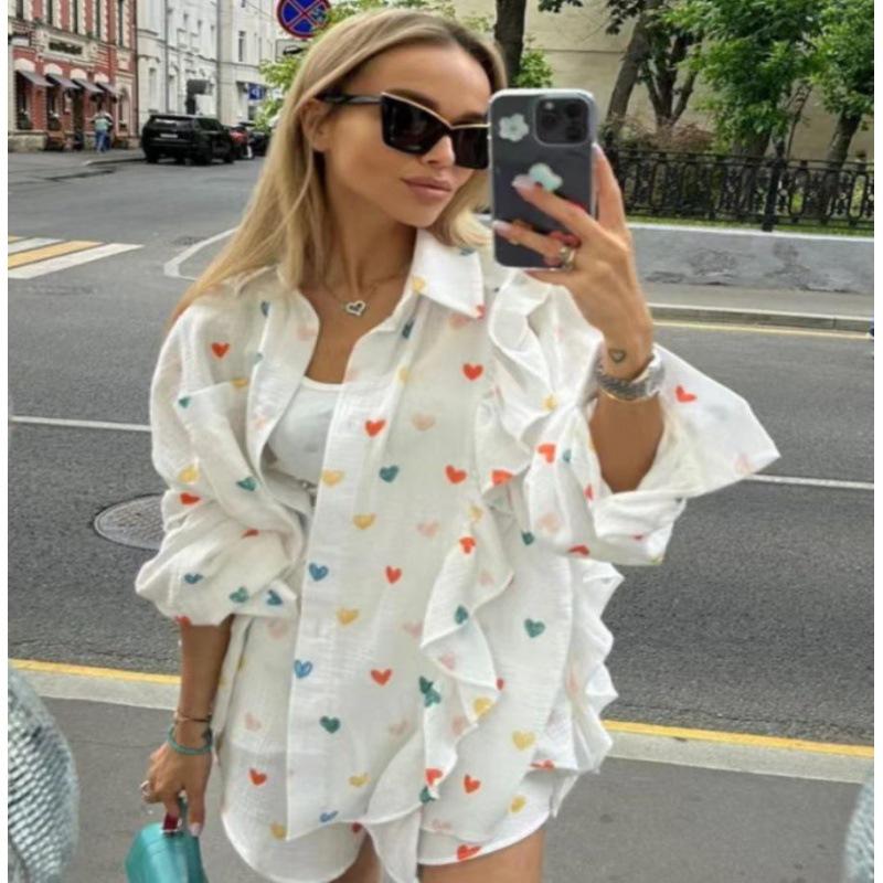 Fashion Ruffle Heart Cotton Linen Homewear Set