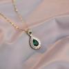Luxury Brand Classic Green Water Drop Emerald Pendant Necklace for Women Exquisite  Stainless Steel Crystal Jewelry Colorfast