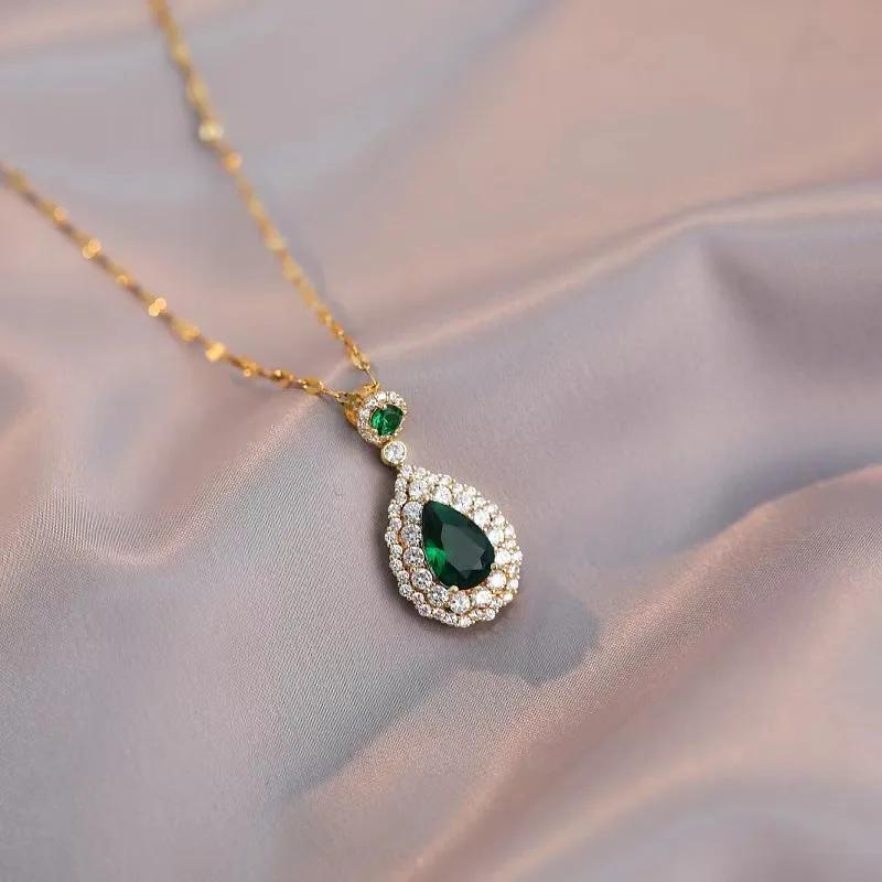 Luxury Brand Classic Green Water Drop Emerald Pendant Necklace for Women Exquisite  Stainless Steel Crystal Jewelry Colorfast