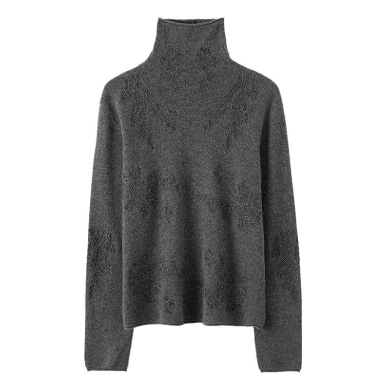 Lekasha 100% Pure Cashmere Rolled Edge High Neck Embossed Knit Top