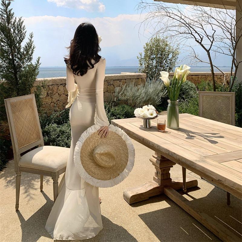 Sexy Hollow Pleated Mesh Slim Fit Semi-transparent Blouse Long Dress Fairy Island Vacation Dress