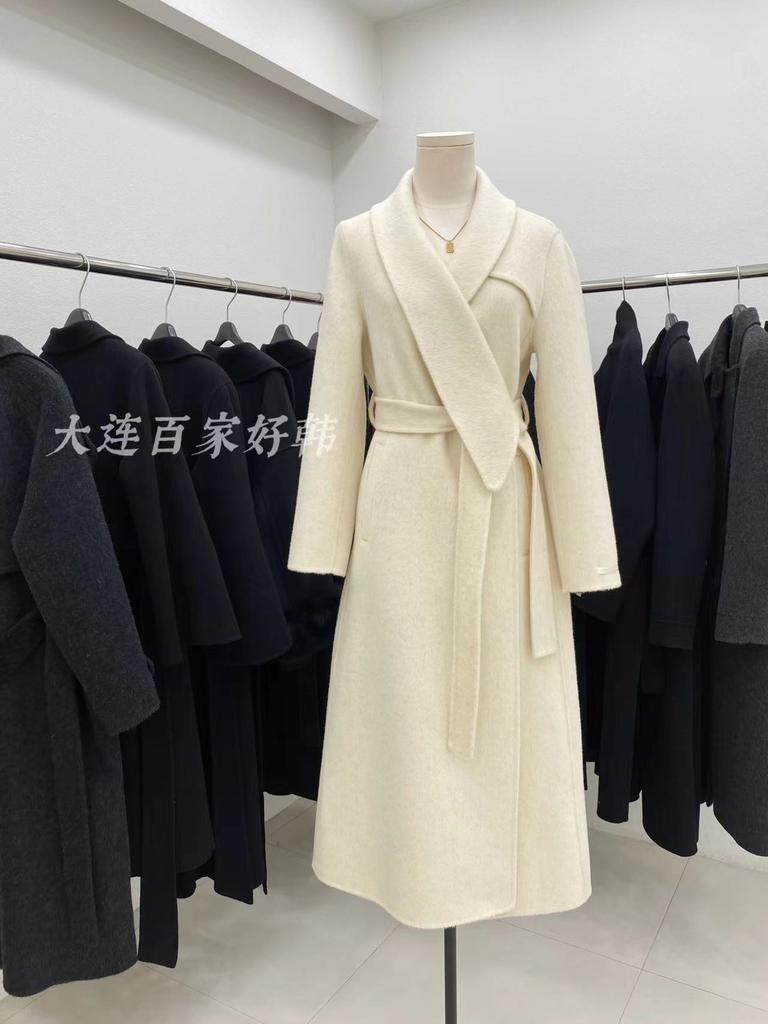 Commuter Workplace Black Irregular Collar Waist Double-sided Wool Coat 25 Women's Autumn and Winter Lace-up Pear-shaped Coat