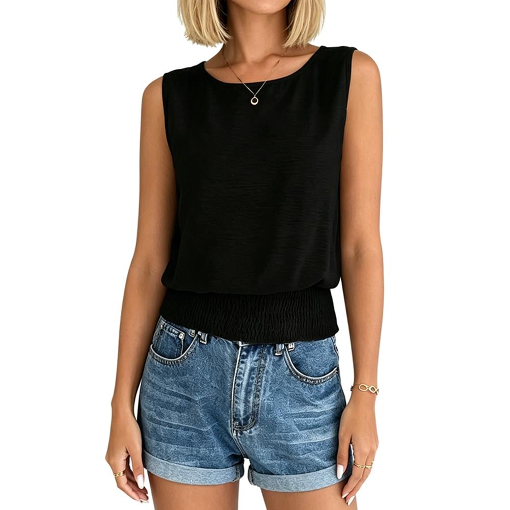 Women s Solid-Color Round-Neck Sleeveless Casual Tank Top with Gathered Hem L