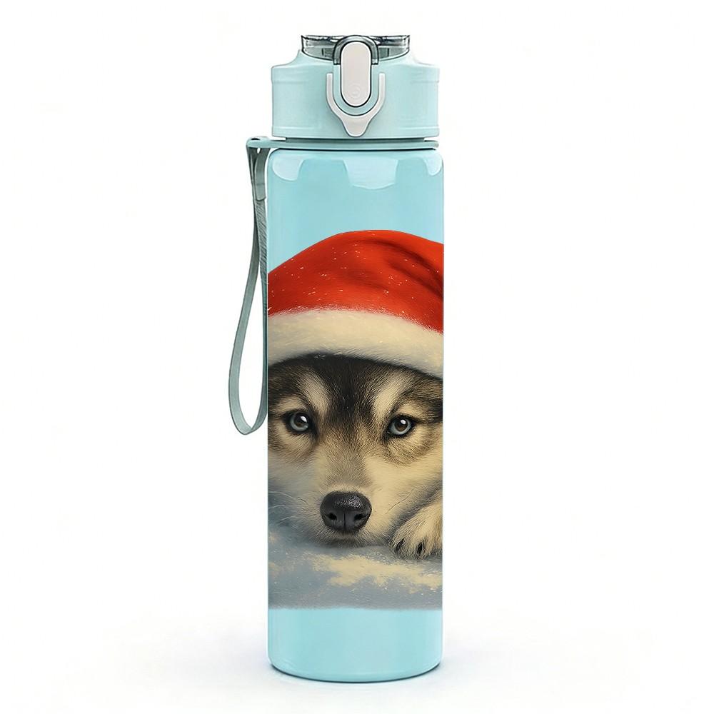 1PC Husky Santa Hat Portrait 750ml Color Plastic Sports Water Bottle Leakproof Flip Straw Lid Suitable for Sports Office Home Use
