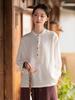 2025 Autumn Cotton Linen Women's Color Block Stand Collar Frog Button Pullover Plus Size Top