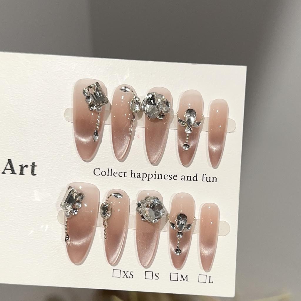 Women Press‑On Nails Pure‑Handmade Pink Cat Eye Gentle Stacked Rhinestone Sparkling Light‑Luxury False Nail Patches