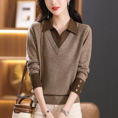 Fake Two-piece Sweater Women's Autumn and Winter Color Matching Fashion Bottoming Sweater Pullover Loose Knitted Cashmere Sweater